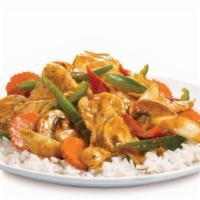 Peanut Stir Fry · Fresh mushrooms, carrots, bell pepper and onions wok-tossed in peanut sauce served on steame...