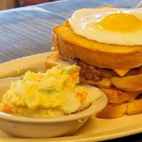 Danny'S Double Grilled Cheese Burger Lunch · 8 ounce patty placed between 2 orders of grilled cheese topped with fried egg. Served on Toa...