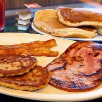 Pancakes With Bacon · 2 Pancake big, fluffy, flat butter flavored. Served with your choice of Ham, Or Bacon, Or Sa...