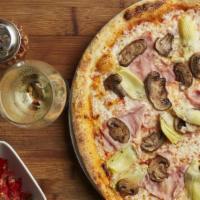 Capricciosa · Tomato sauce, mozzarella, ham, sautéed mushrooms and marinated artichokes.