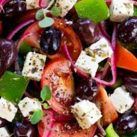 Greek Salad · Romaine tomatoes, cucumbers, onions, peppers, kalamata olives, feta cheese.