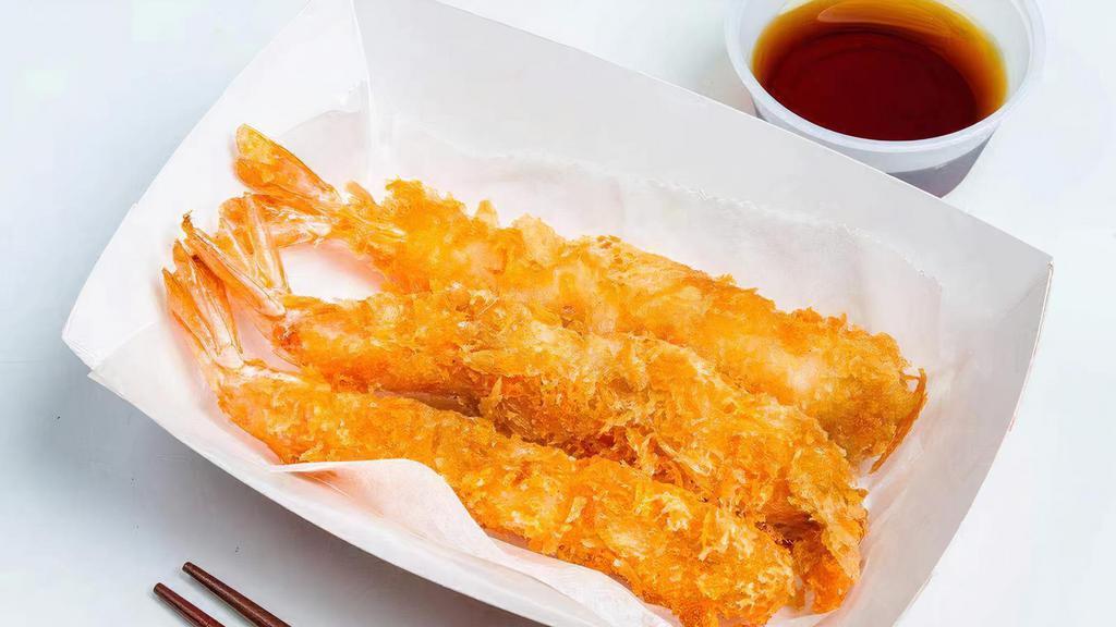 Shrimp Tempura (3 Pcs) · Fried and crispy batter covered shrimp served with delicious sauce.