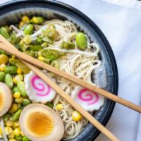 Ramen Noodle · Served with bean sprout, edamame, , boiled egg, sweet corn, and green onion.