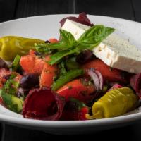 Feta Cheese And Olive Salad With Basturma · vine ripe tomatoes | cucumbers | red green peppers | red onions | basturma |sheep cheese | G...