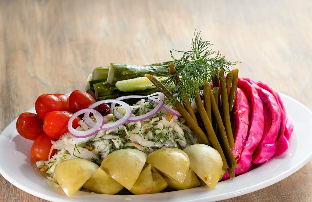 Homestyle Pickled Vegetables · cherry tomatoes | green tomatoes | cucumbers | Armenian style red cabbage | sauerkraut