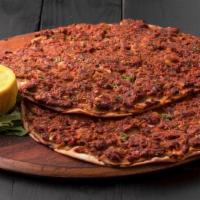 Lahmajou | Armenian Pizza · flatbread | ground beef | tomatoes | peppers | onions | garlic | parsley