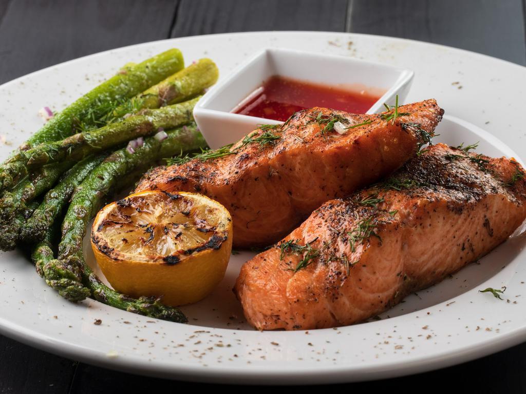 Salmon Shish Kebab · fresh salmon grilled on skewer over charcoal | grilled asparagus