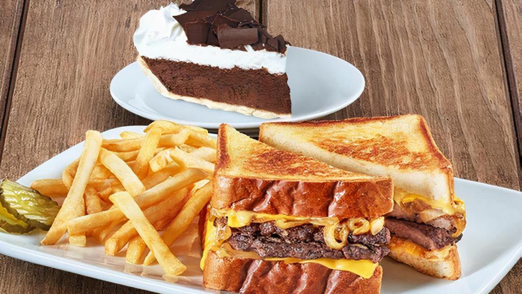 Patty Melt · An American classic made with two grilled beef patties, melted American cheese, caramelized onions and garlic mayonnaise on Texas Toast with pickle chips served on the side (Cal 955-1430) served with choice of Dutch Apple Pie (Cal 430) or French Silk Pie (590)