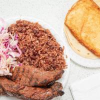 Carne Asada / Grilled Beef · Grilled meet plus two sides,. 
Rice and beans, or white rice.
Ensalada 
Hot sauce (small)