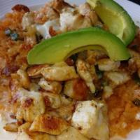 Arroz Con Pollo · Rice topped with grilled chicken , diced onions , bell peppers ,cheese dip and avocado slices.
