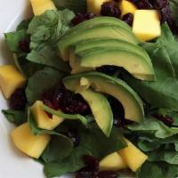Kale Salad · Organic baby kale, avocado, dried cranberries, mango, and a light vinaigrette.