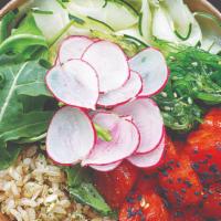 Vegetarian Bowl · Vegan, vegetarian, & gluten free. Spicy watermelon,  kimchi cucumber, red radish, house-pick...