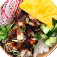 Luau Jerk Chicken Bowl · Authentic Jerk Chicken Breast w/ BBQ Jerk Sauce + Pineapple + Rice + Arugula + Green Onions.