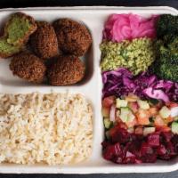 Rice Bowl · 5 falafel balls and a side of white or brown rice with your choice of salad bar toppings.