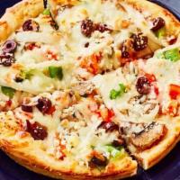 Veggie Pizza · Mushroom, tomato, onion, kalamata olives, feta cheese, green peppers, and extra cheese.