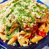 Penne Me Kota · Penne noodles with artichoke hearts, roasted red peppers, kalamata olives, fresh garlic, cap...