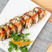 Dynamite Roll · Deep fried salmon, crab with eel sauce, mayo and hot sauce.