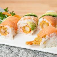 Crazy Roll · Shrimp tempura and egg topped with smoke salmon, shrimp and avocado.