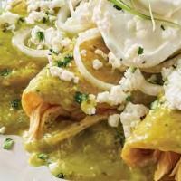 Enchiladas · Three Corn Tortillas Stuffed With Choice Of Protein Topped With Green Tomatillo Sauce, Sour ...