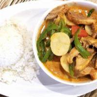 Roasted  Duck Curry · Sliced Roasted Duck meat cook with Red curry sauce, tomato, potato, green bell pepper and ba...