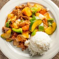 Sautéed Thai Sweet & Sour · Choice of meat stir fried onion, tomato, bell pepper, pineapple with Thai sweet & sour sauce.