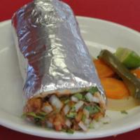 3) Burrito · A 12 inch flour tortilla with your choice of meat, cilantro, onions, rice and beans.