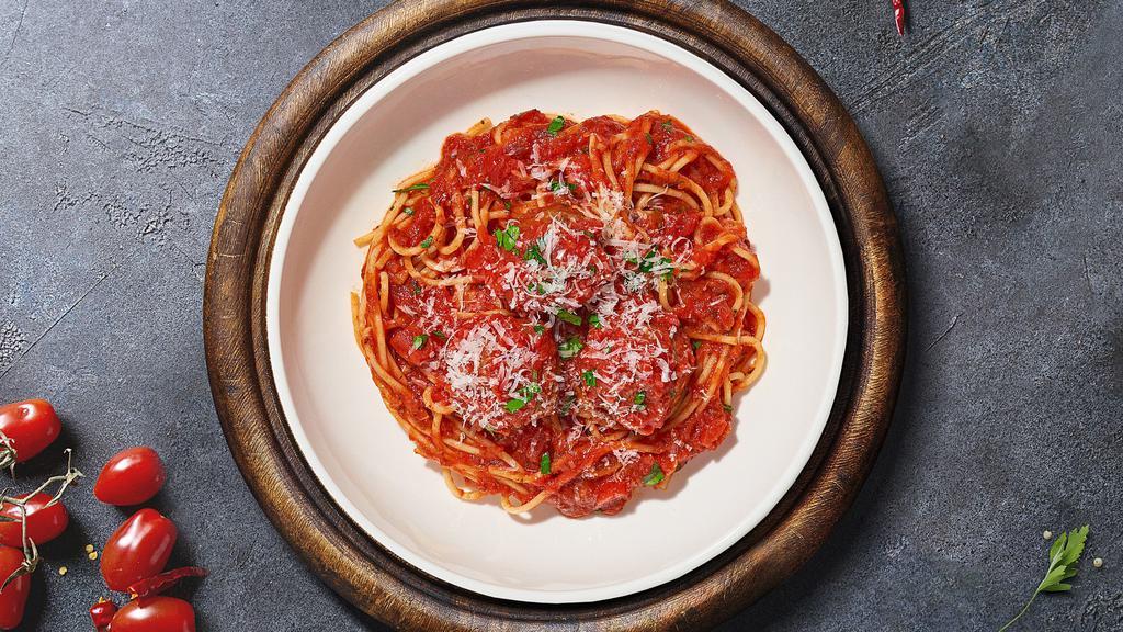 Spaghetti With A Chance Of Meatballs · Fresh spaghetti and homemade ground beef meatballs served with rossa (red) sauce, red pepper flakes, and parmesan.