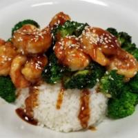 Teriyaki Shrimp Rice Bowl 日本虾(碗) · Shrimp sautéed in teriyaki sweet sauce with broccoli, and sesame seed.
