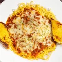Baked Spaghetti · Spaghetti ladled with our rich tomato and meat sauce. Topped and baked with mozzarella chees...