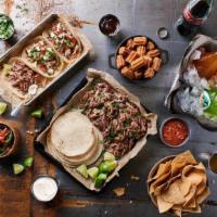 La Gran Reunión (Serves 4) · 12 street tacos and enough chips & salsa, dessert, and drinks for the whole crew. Served wit...