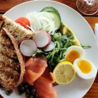 Smoke Salmon Salad  · with boiled egg, tomato, cucumber, onion, avocado, and capers