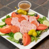 Antipasto Salad · Fresh romaine, Italian ham, salami pepperoni, provolone, tomatoes, pepperoncini, cucumbers b...