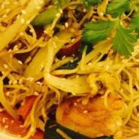 Curry Flavored Vermicelli Singapore Style · Hot & spicy. Thin rice noodle, shrimp, shredded roast pork, green and red pepper, bean sprou...