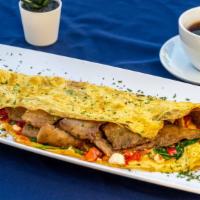 Aqua Mediterranean Omelet · 3 egg omelet, spinach, tomatoes, red peppers, feta cheese, and gyro with a side of tzatziki ...