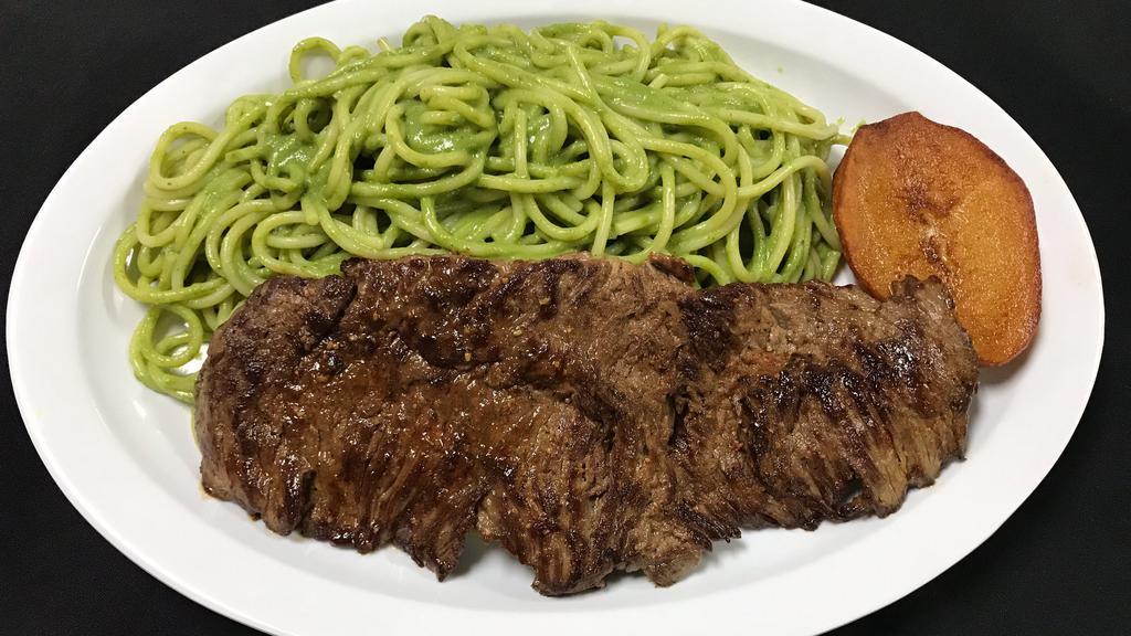 Tallarines Verdes Con Carne · Spaghetti mixed with basil pesto sauce with grilled steak