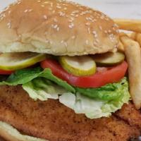 Fried Fish Sandwich · More than half a pound of grouper filet battered & fried served on a bun with lettuce, tomat...