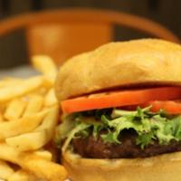 Beef Hamburger · Half a pound of ground chuck char-grilled served on a bun with lettuce, tomato, & fries.