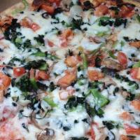 Veggie · Black olives, mushrooms, broccoli, green peppers, onions, spinach, and tomatoes.