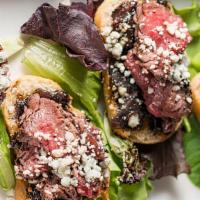 Beef & Bleu* · Six house made crostinis, topped with bacon marmalade, sliced filet and crumbled bleu cheese...