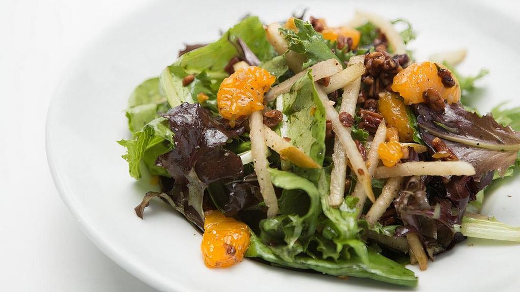Field Green & Pear Salad | Gf · Spring lettuce tossed with mandarin oranges, julienned Bosc pears and candied pecans tossed in our Homemade Italian dressing