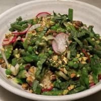 Spring Vegetable Salad | Gf Ve · Sugar snap peas, green beans, asparagus, English peas and fennel tossed with a light honey m...