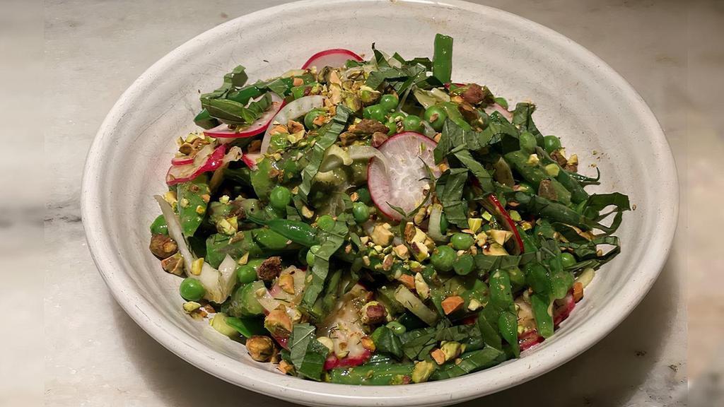 Spring Vegetable Salad | Gf Ve · Sugar snap peas, green beans, asparagus, English peas and fennel tossed with a light honey mustard dressing, capers and mixed herbs