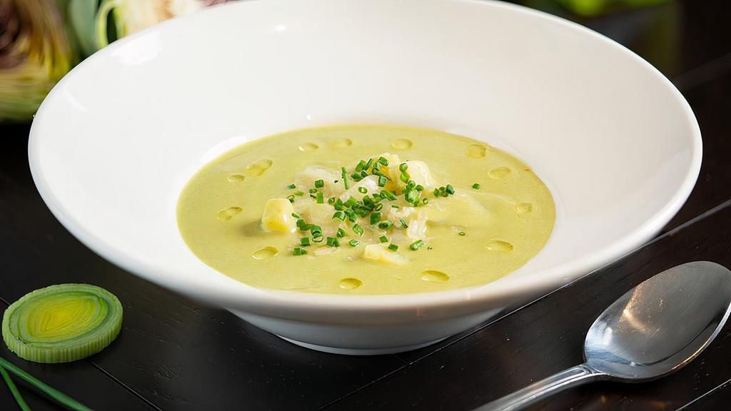 Artichoke, Potato And Leek Soup With Truffle Oil | Gf · Artichoke, potato and leek soup with truffle oil emulsified to a creamy consistency and finished with pecorino and chives