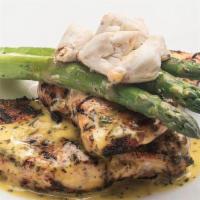 Chicken Oscar · Topped with jumbo lump crabmeat and Bearnaise sauce, served with steamed asparagus.