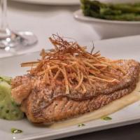 Crispy Skin Wild Red Snapper | Gfm · Served with chive whipped potatoes and truffle vinaigrette