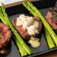 Filet 3 Ways* | Gf · 8 oz. Filet sliced into 3 medallions and individually. topped Oscar style with blue lump cra...
