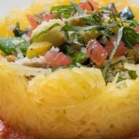 Spaghetti Squash Primavera | Gf, Ve, Vgm · Spaghetti squash filled with vegetable mixture. Accompanied with a San Marzano marinara and ...