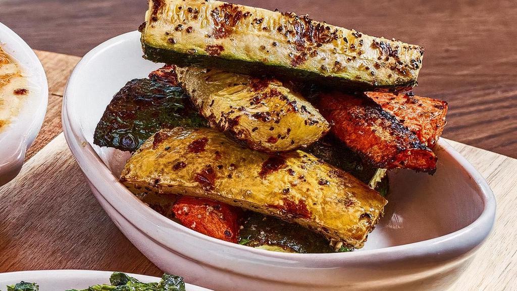 Thick-Cut Chargrilled Vegetables | Gf, Ve, Vg · Chargrilled Zucchini, yellow Squash, Baby Carrots with a side of buerre fondue