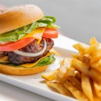 Vangy'S Burger · Homemade beef patties served on a brioche bun with cheddar cheese, lettuce, tomatoes, onions...