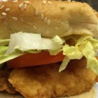 Chicken Tender Sandwich · Served with honey mustard, lettuce, tomato, pickle and cheese.
